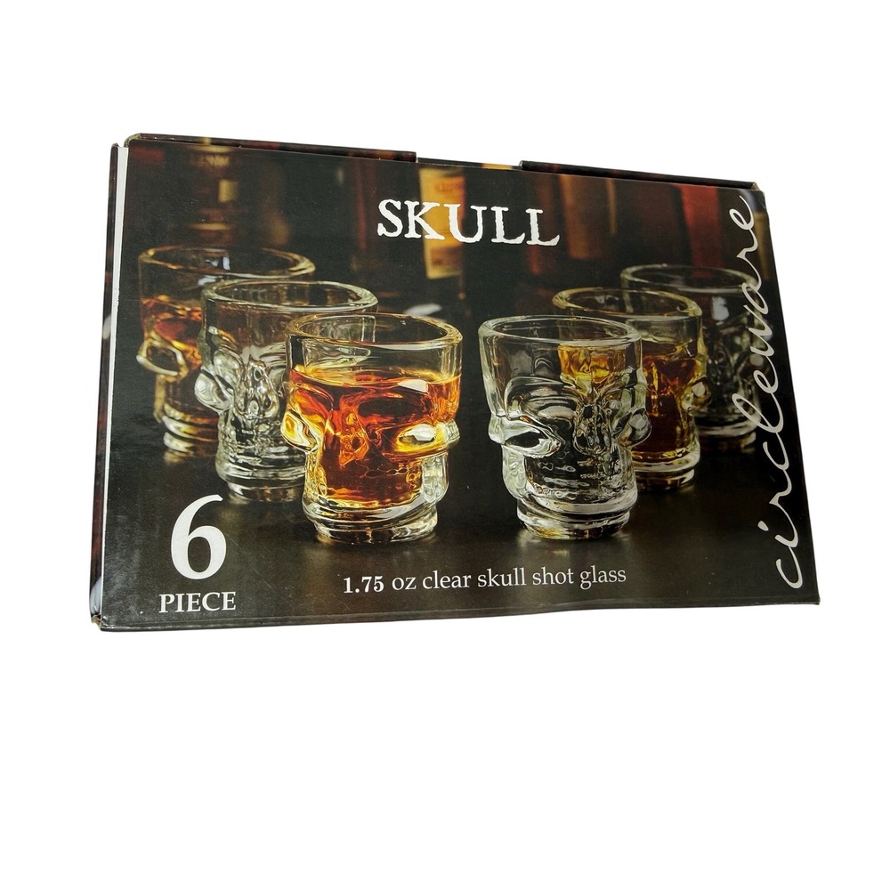 Circleware Skull Shot Glass Set 6 Piece 1.75 oz Clear Glass Gothic Barware 42685